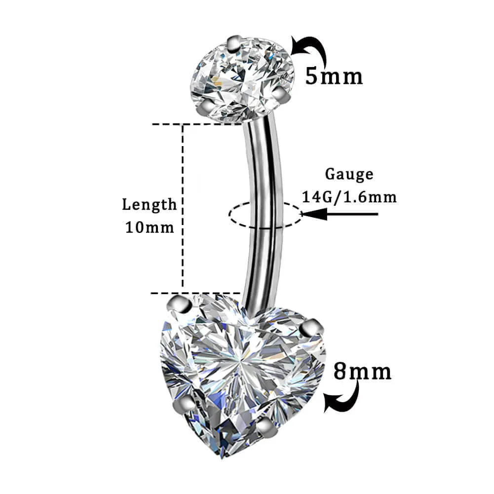 14G 10-16mm Round & Heart CZ Titanium Belly Button Ring