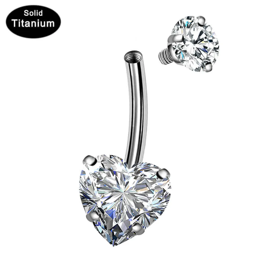 14G 10-16mm Round & Heart CZ Titanium Belly Button Ring