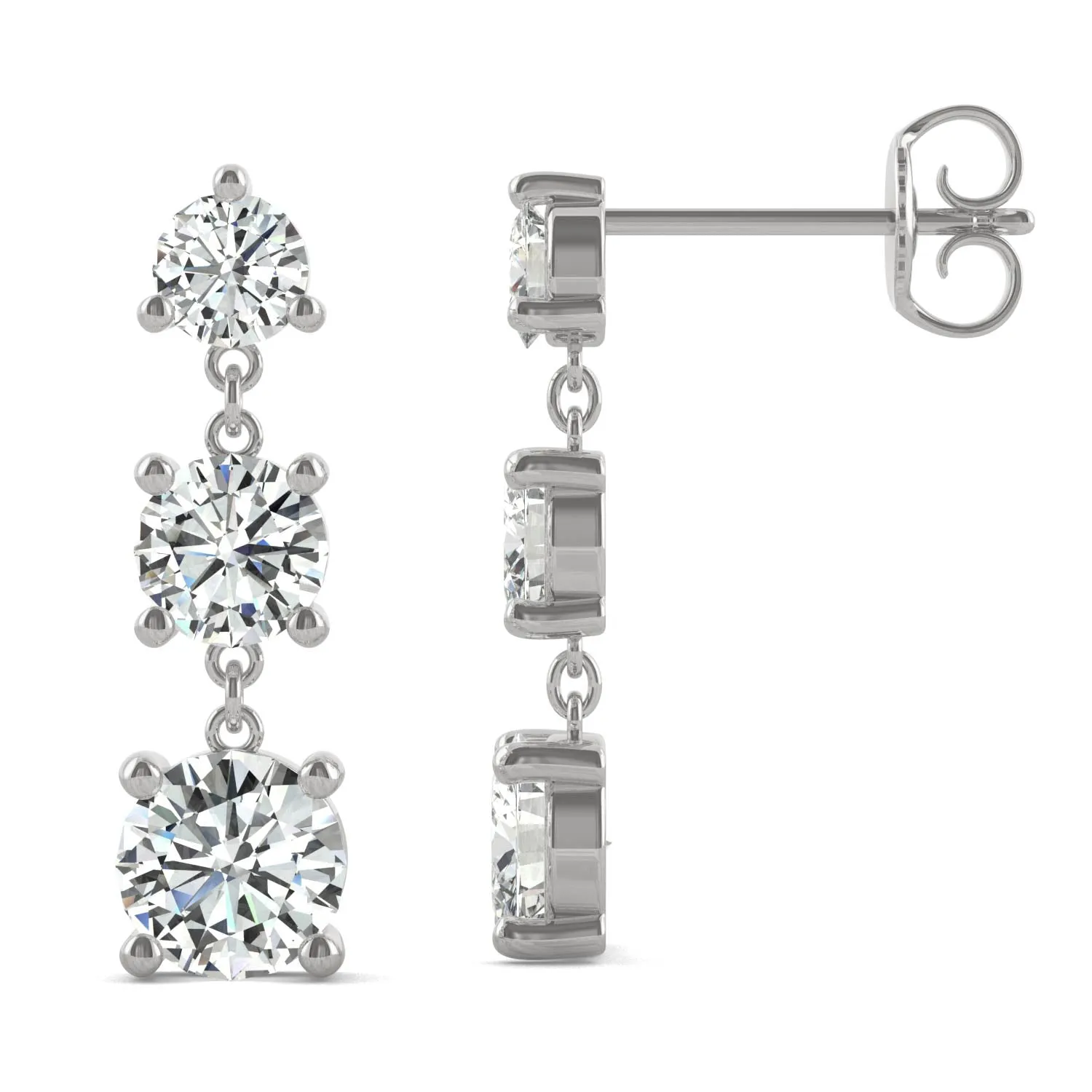 2.18 CTW DEW Round Moissanite Graduated Drop Earrings in 14K White Gold