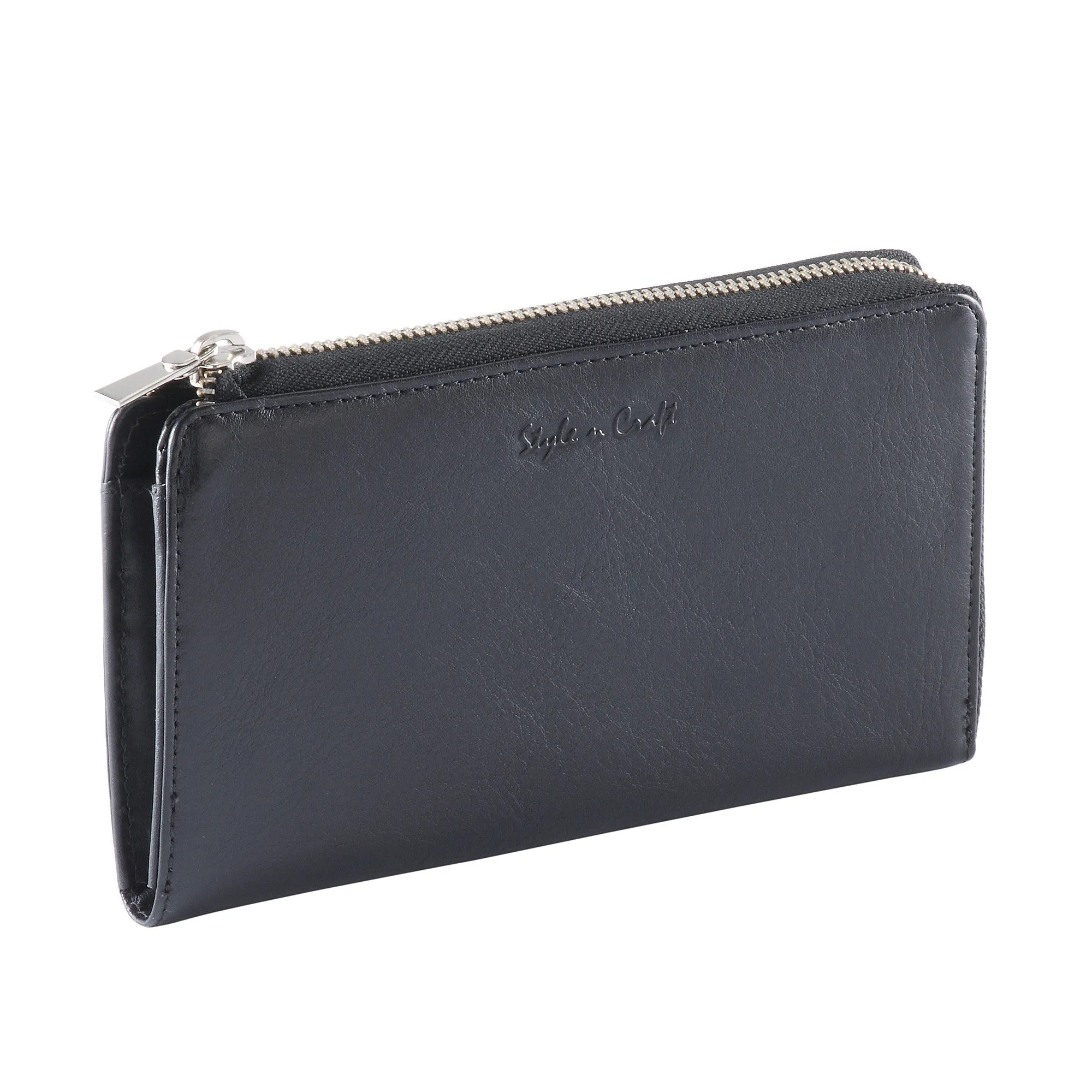 301966-BL Ladies Zippered Leather Clutch Wallet in Black | Style n Craft