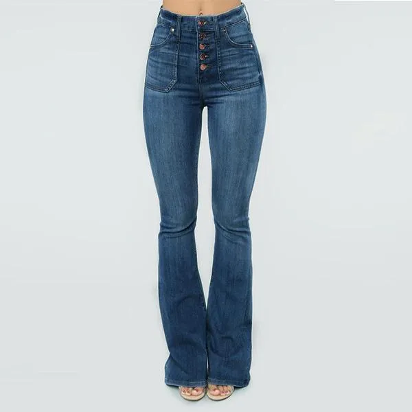 70s High Rise Stretchy Buttons Bell Bottom Jeans