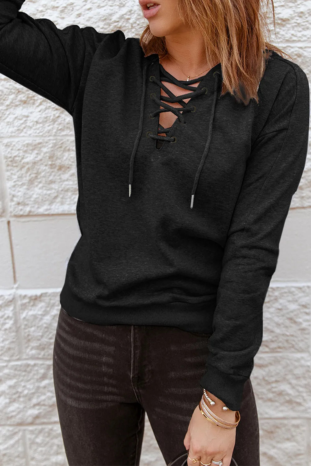 Black Casual Solid Color Lace-up Hoodie