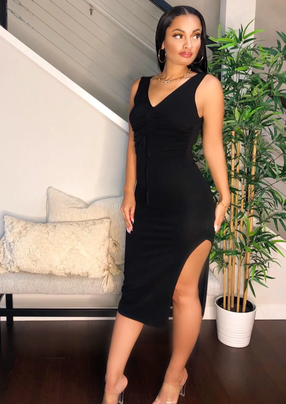 Black Knit Slit Midi Dress
