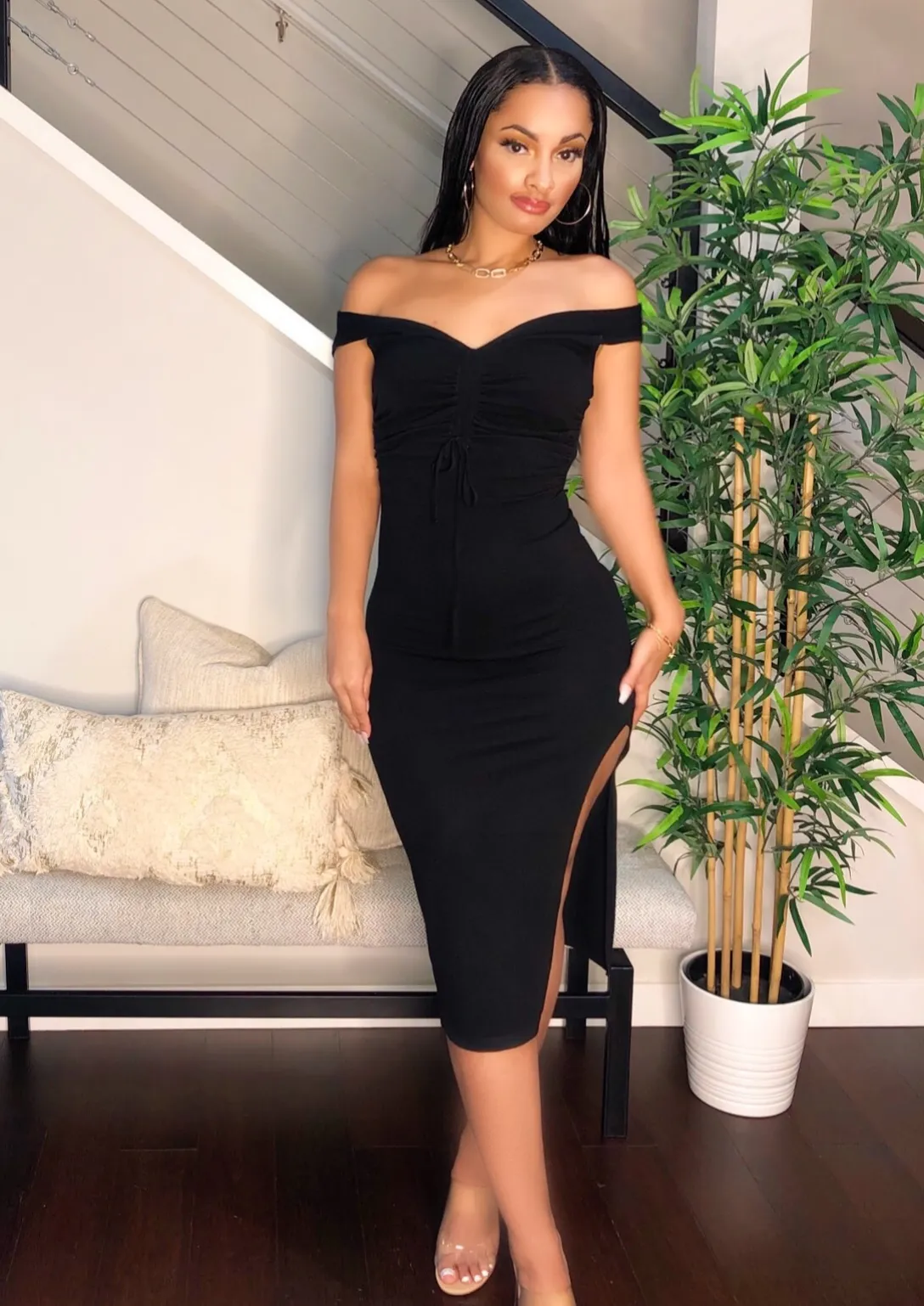 Black Knit Slit Midi Dress