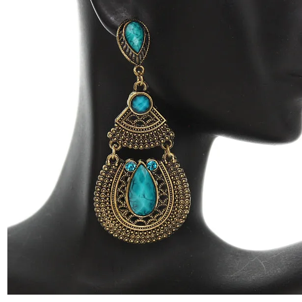 Blue Beaded Rhinestone Chandelier Post Earrings