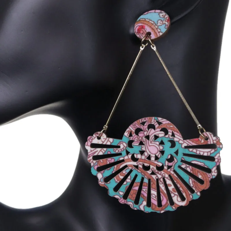 Blue Brown Boho Pattern Wooden Cutout Earrings