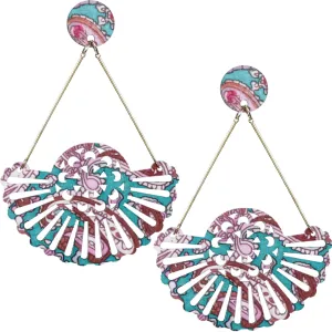 Blue Brown Boho Pattern Wooden Cutout Earrings