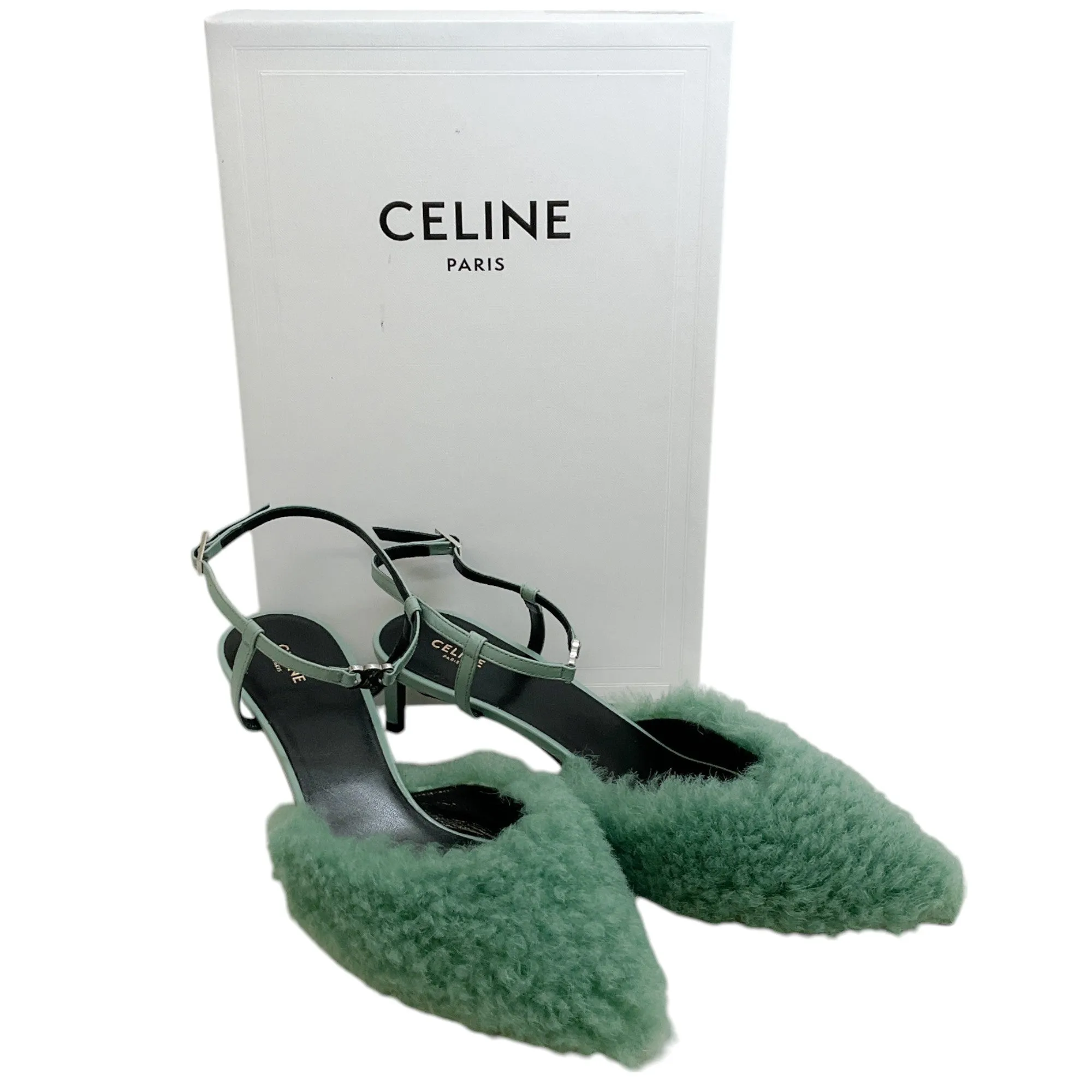 Celine Winter Green Shearling and Lambskin Strap Pump 50
