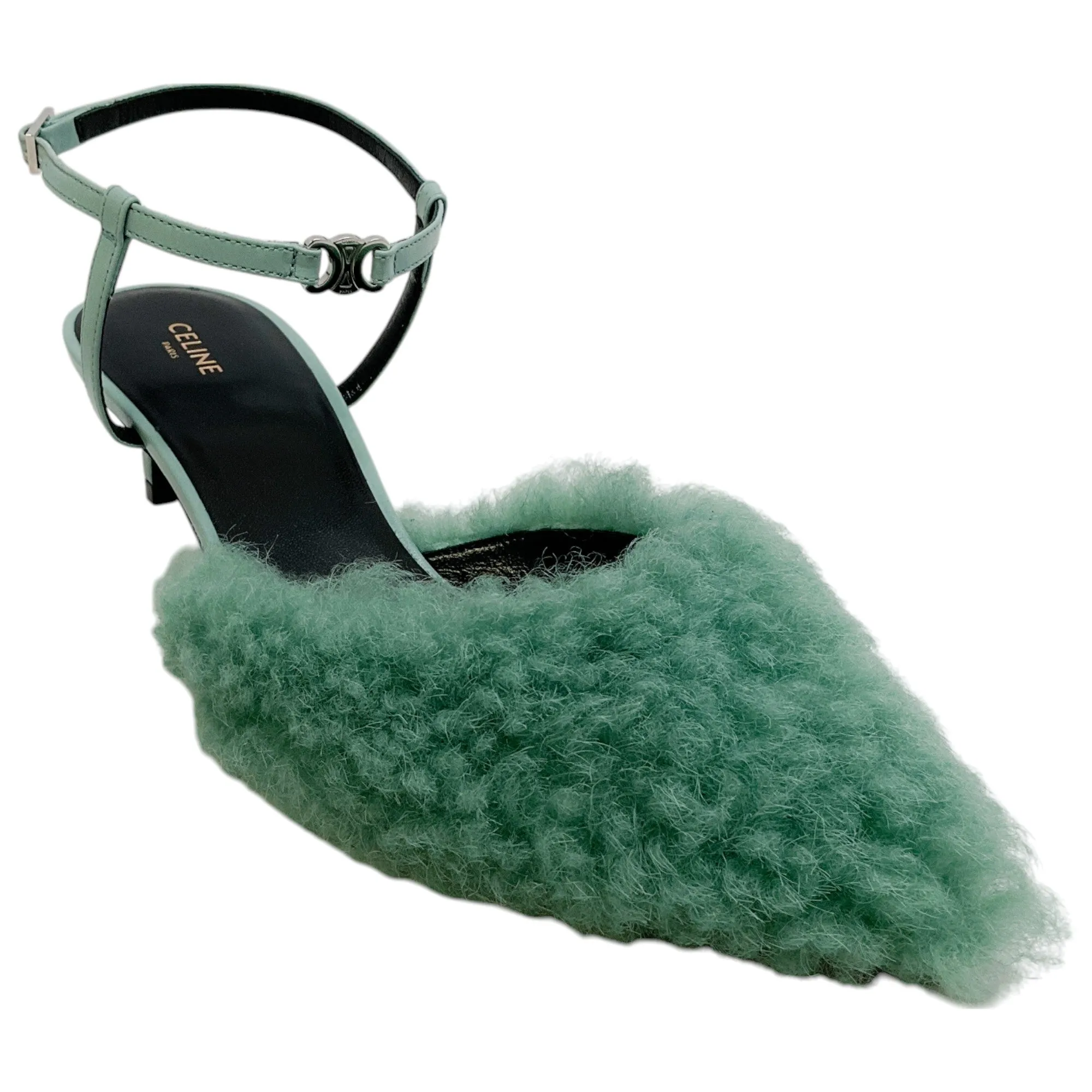 Celine Winter Green Shearling and Lambskin Strap Pump 50