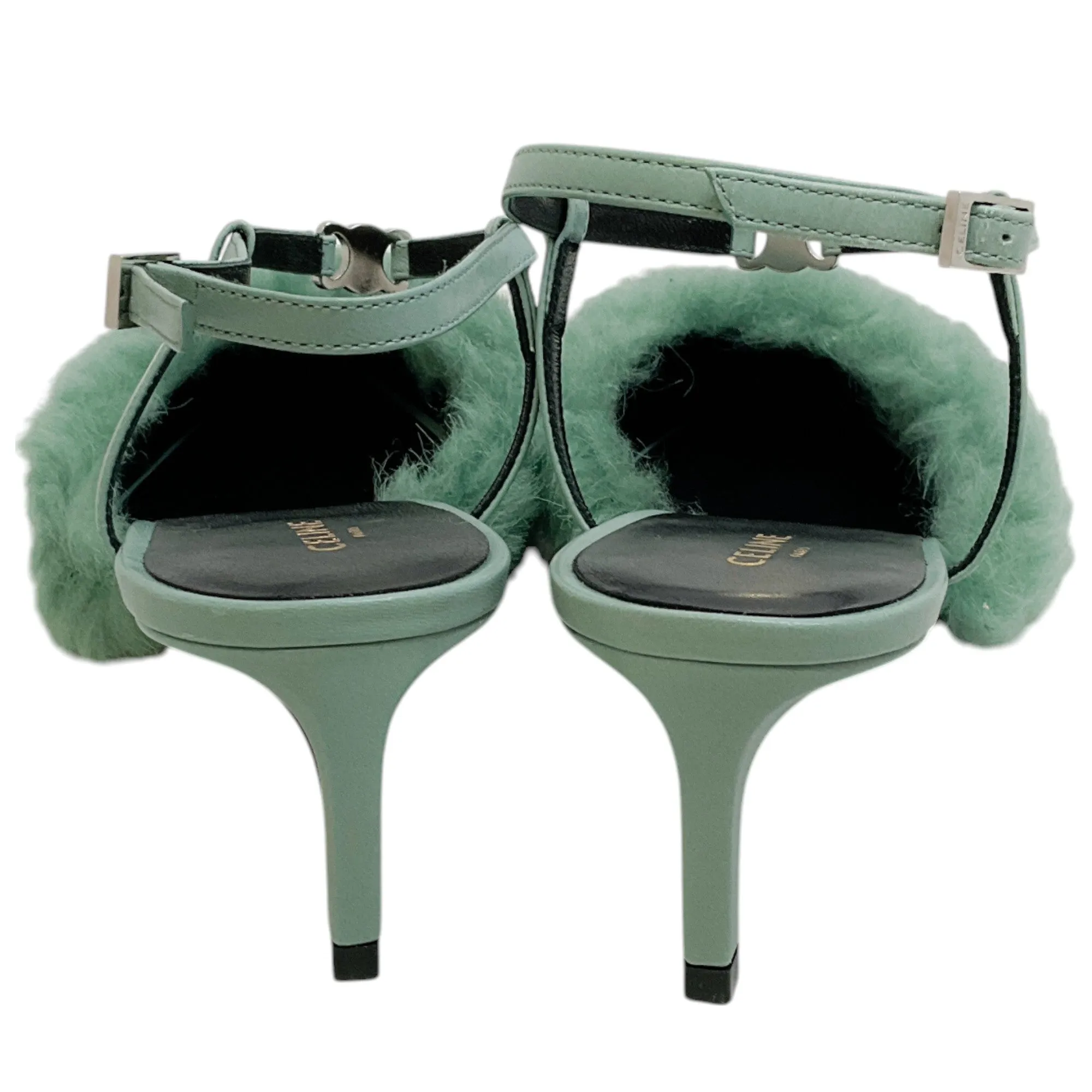 Celine Winter Green Shearling and Lambskin Strap Pump 50