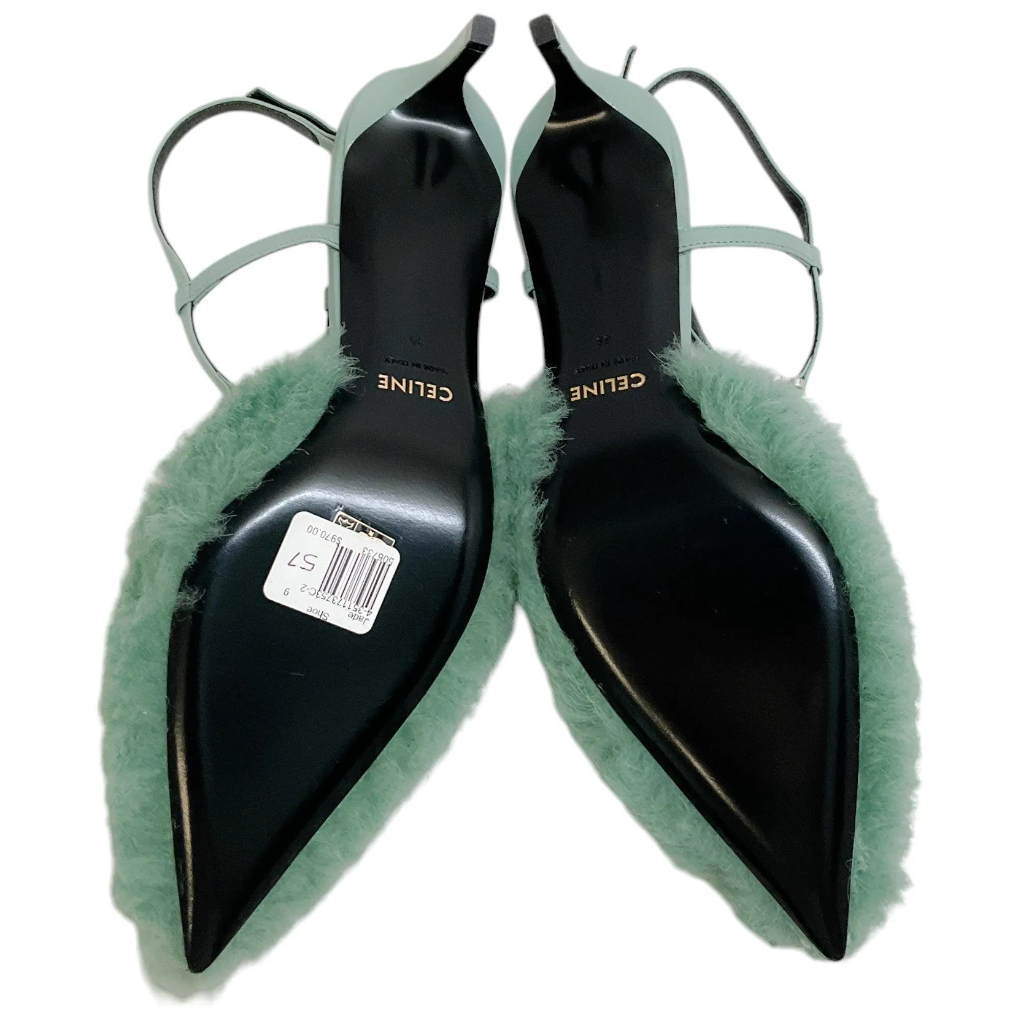 Celine Winter Green Shearling and Lambskin Strap Pump 50