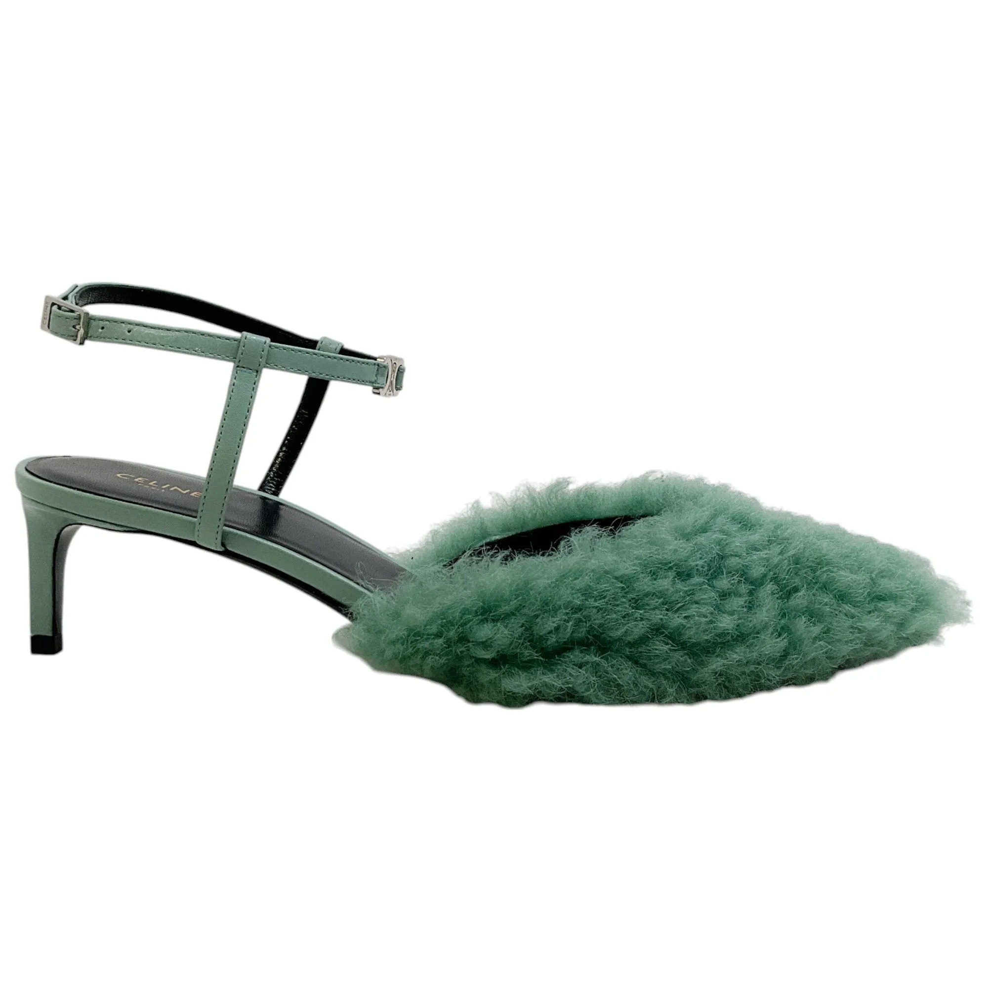 Celine Winter Green Shearling and Lambskin Strap Pump 50