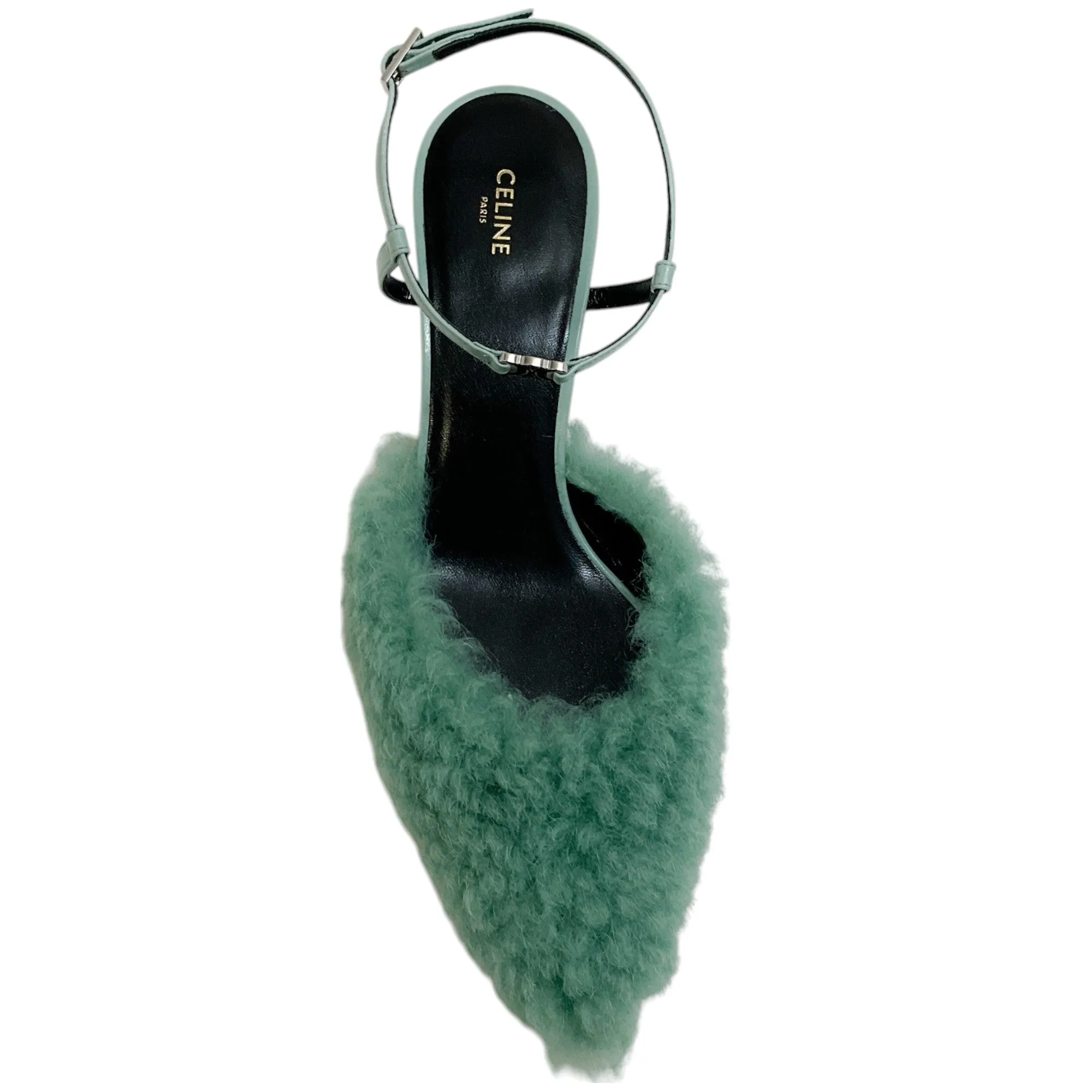 Celine Winter Green Shearling and Lambskin Strap Pump 50