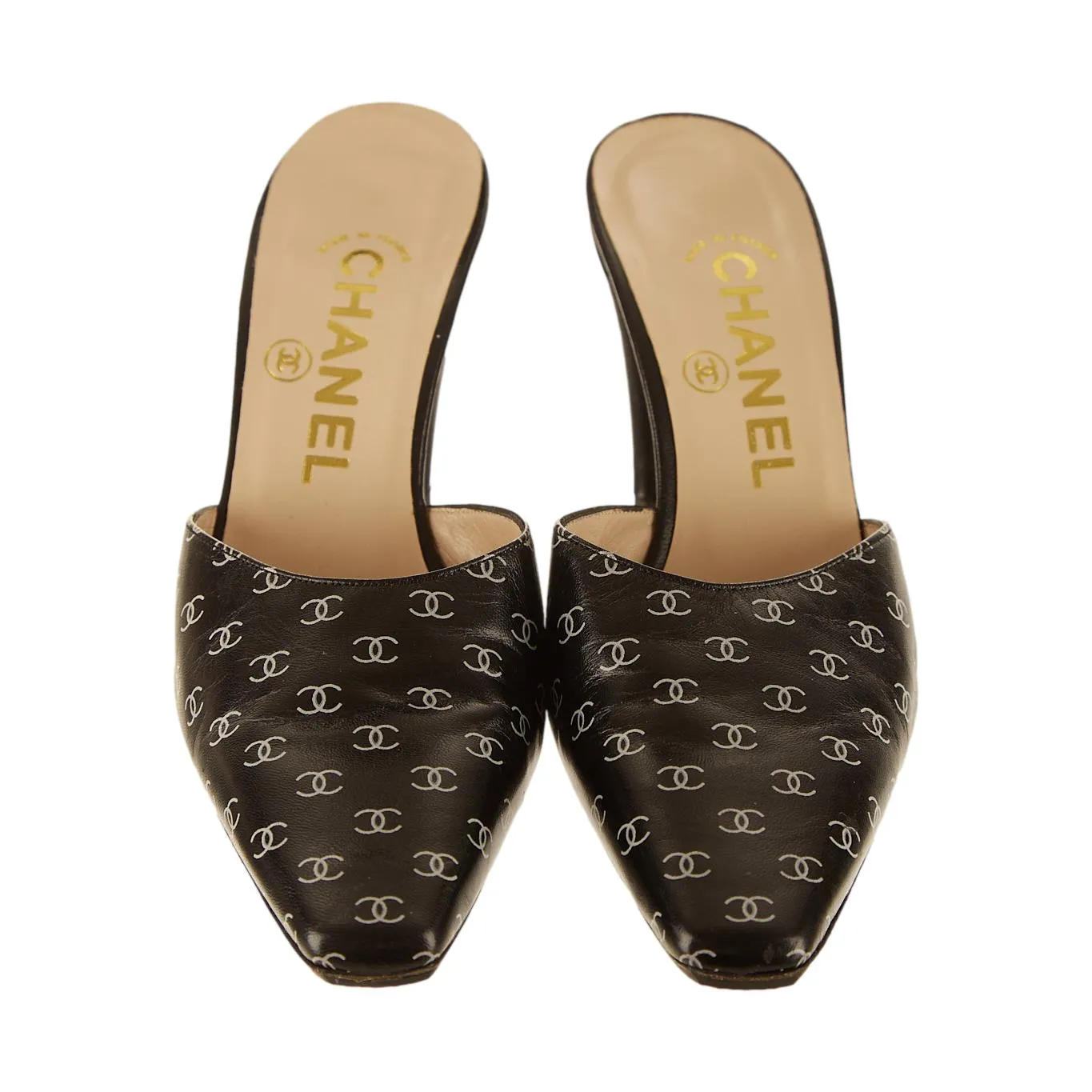 Chanel Black Logo Print Kitten Heels