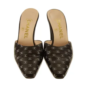 Chanel Black Logo Print Kitten Heels