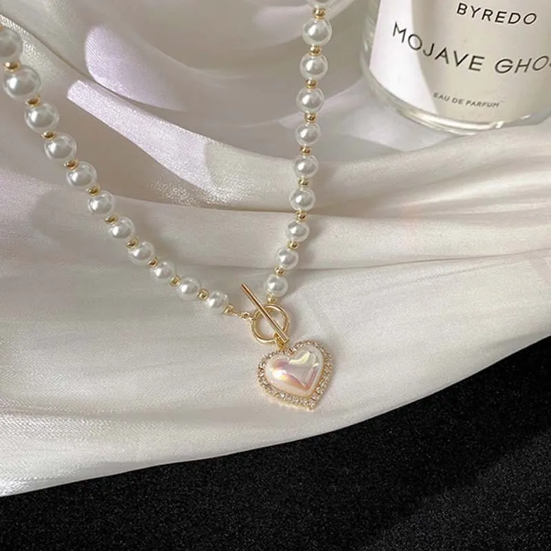 Chic Toggle Clasp Heart Pendant Pearl Chain Choker Necklace