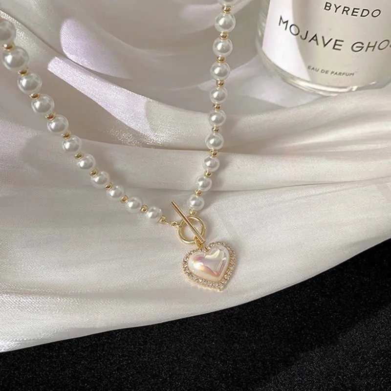 Chic Toggle Clasp Heart Pendant Pearl Chain Choker Necklace