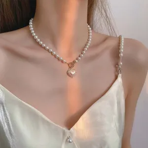 Chic Toggle Clasp Heart Pendant Pearl Chain Choker Necklace