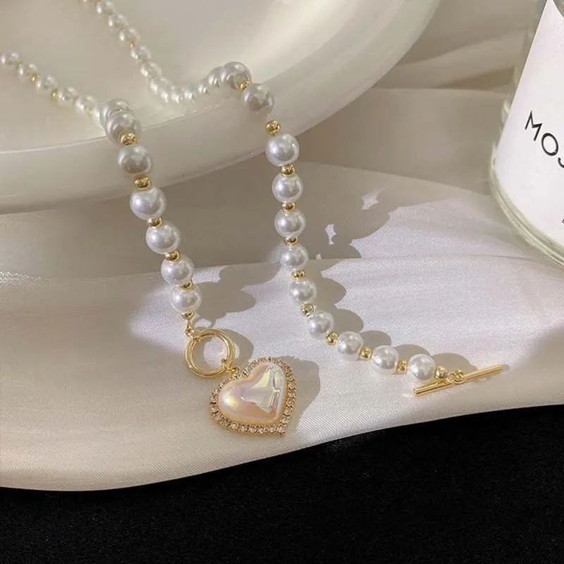 Chic Toggle Clasp Heart Pendant Pearl Chain Choker Necklace