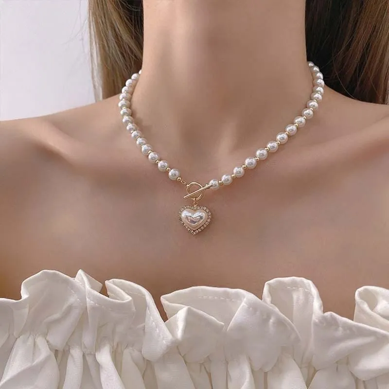 Chic Toggle Clasp Heart Pendant Pearl Chain Choker Necklace