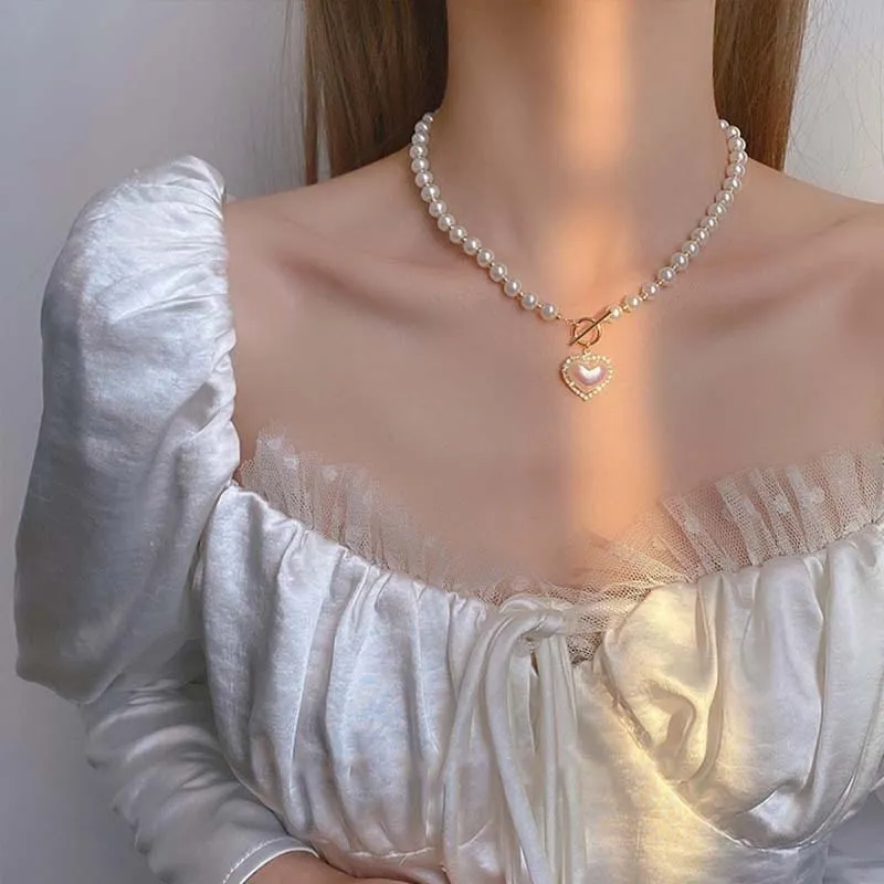 Chic Toggle Clasp Heart Pendant Pearl Chain Choker Necklace