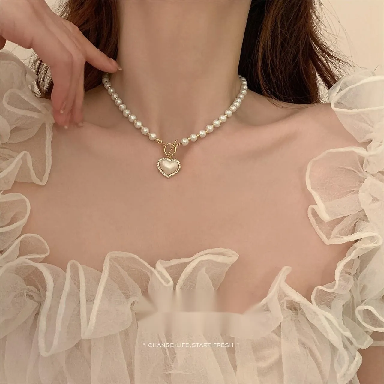 Chic Toggle Clasp Heart Pendant Pearl Chain Choker Necklace
