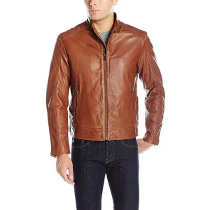 Cole Haan Men's Washed Vintage Leather Stand Collar Jacket