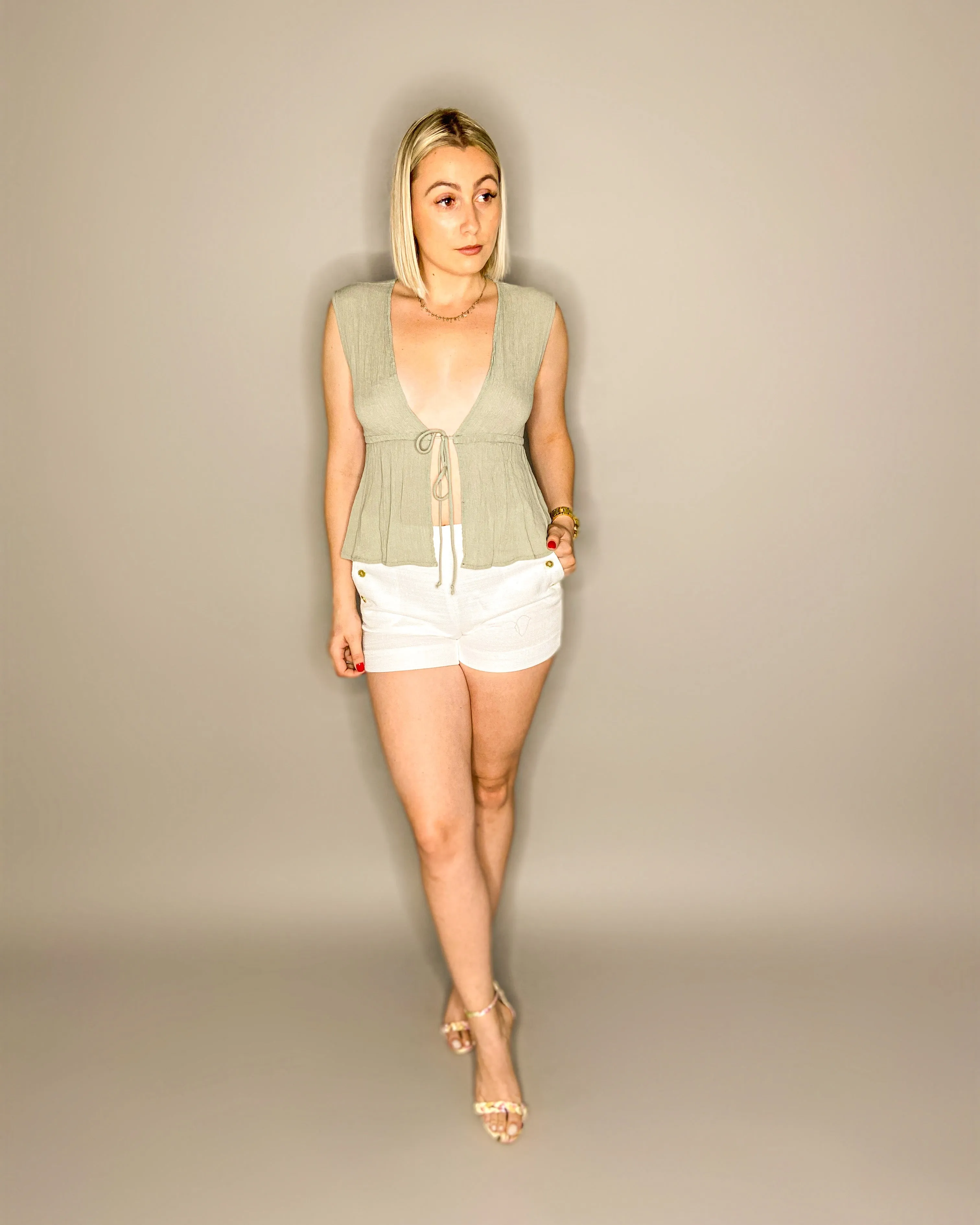 Diana Open Front Tie Top (Sage)
