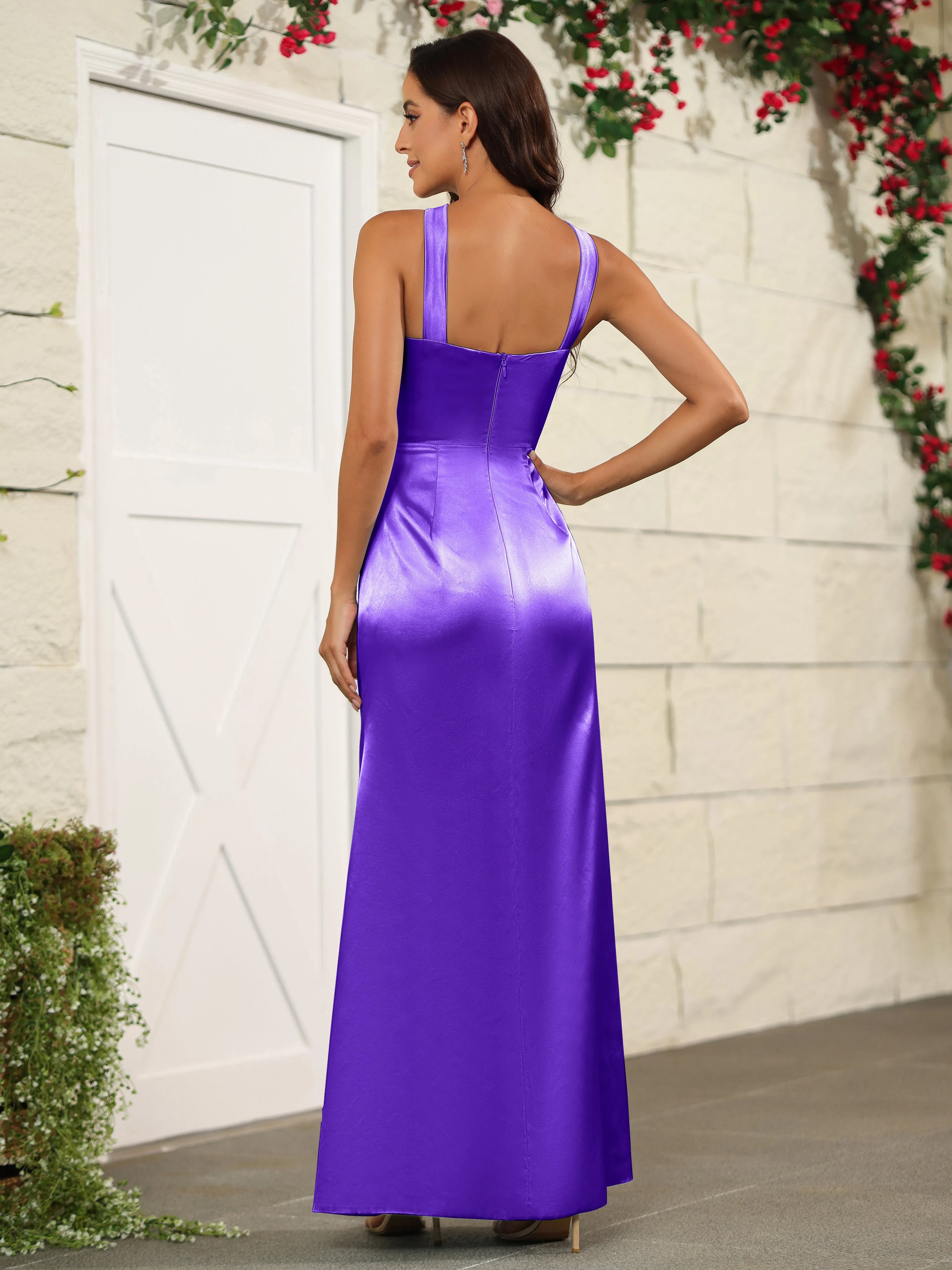 Elegant Halter Sleeveless Soft Satin Long Bridesmaid Dress