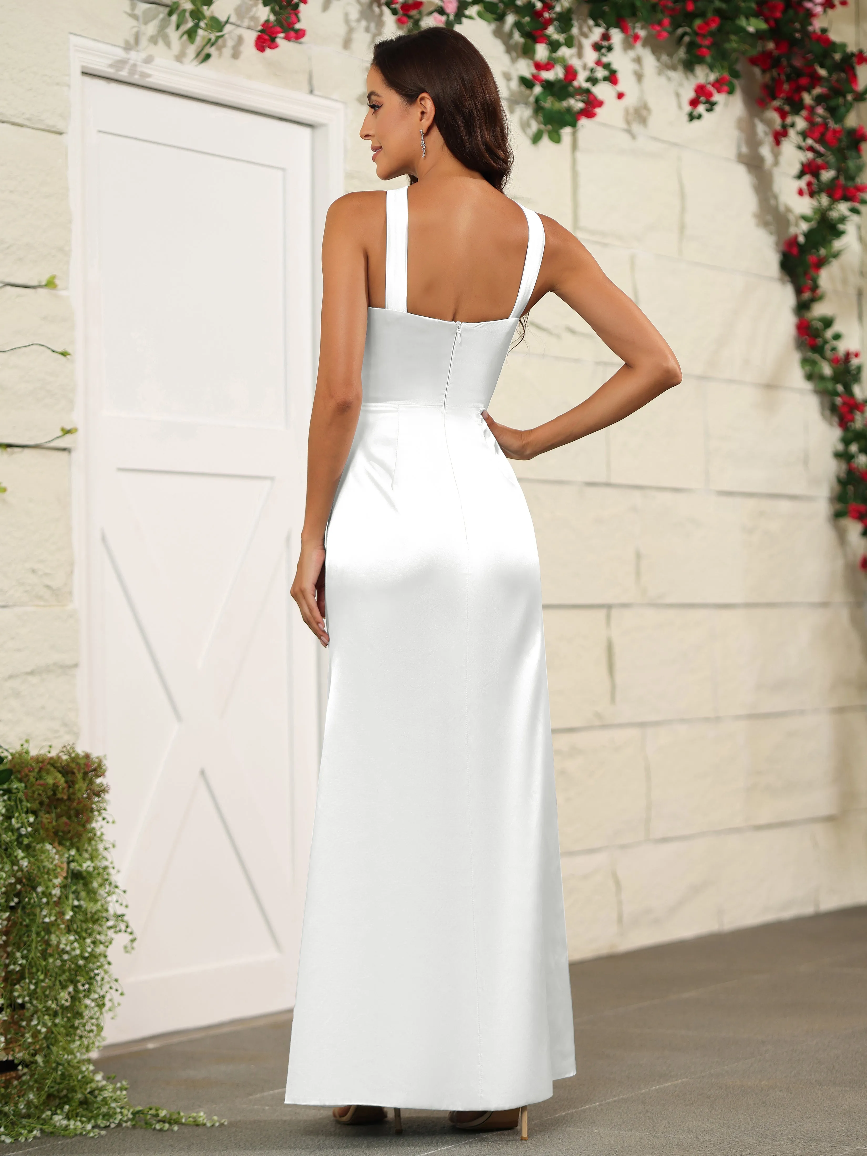 Elegant Halter Sleeveless Soft Satin Long Bridesmaid Dress