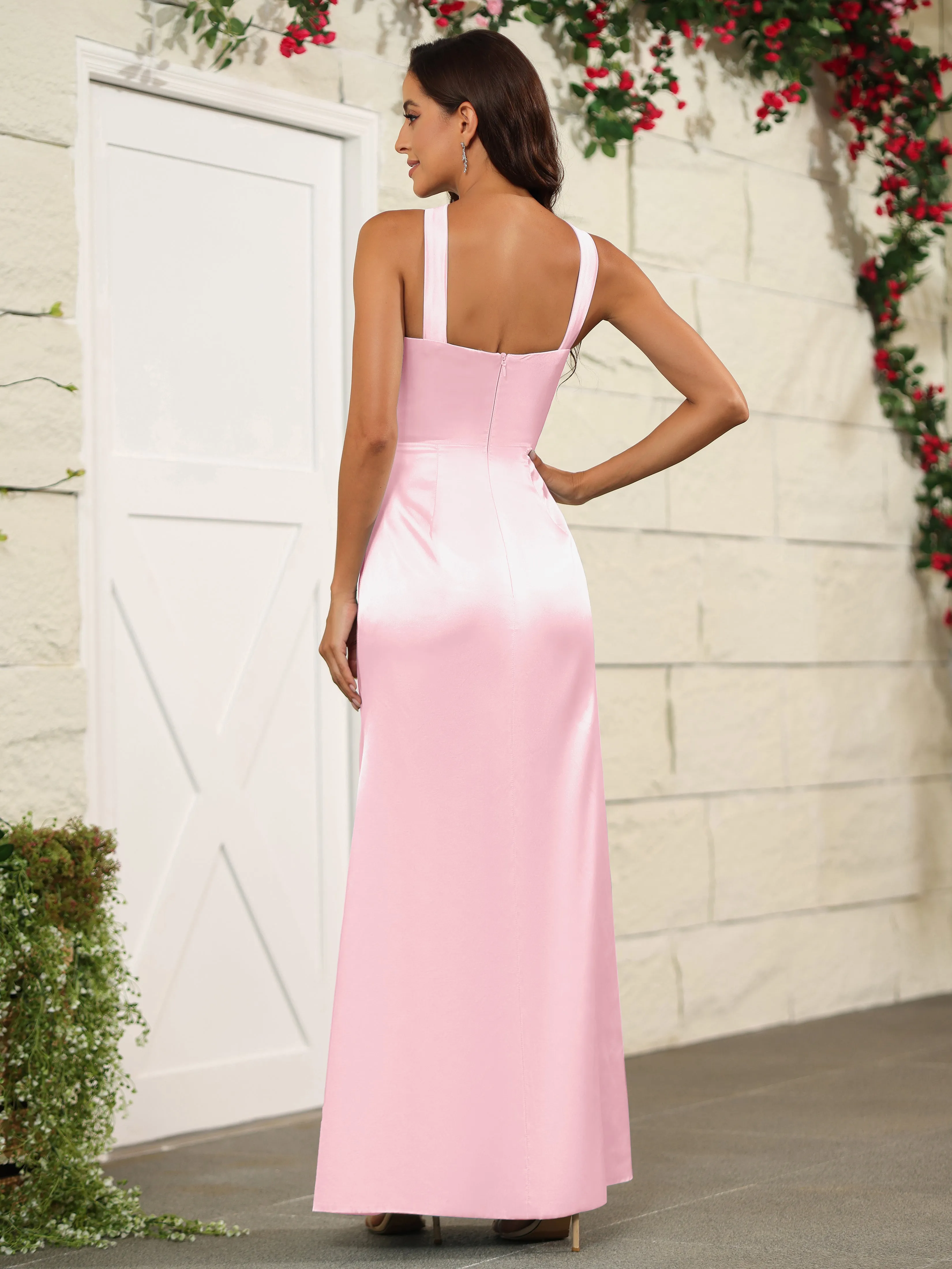 Elegant Halter Sleeveless Soft Satin Long Bridesmaid Dress
