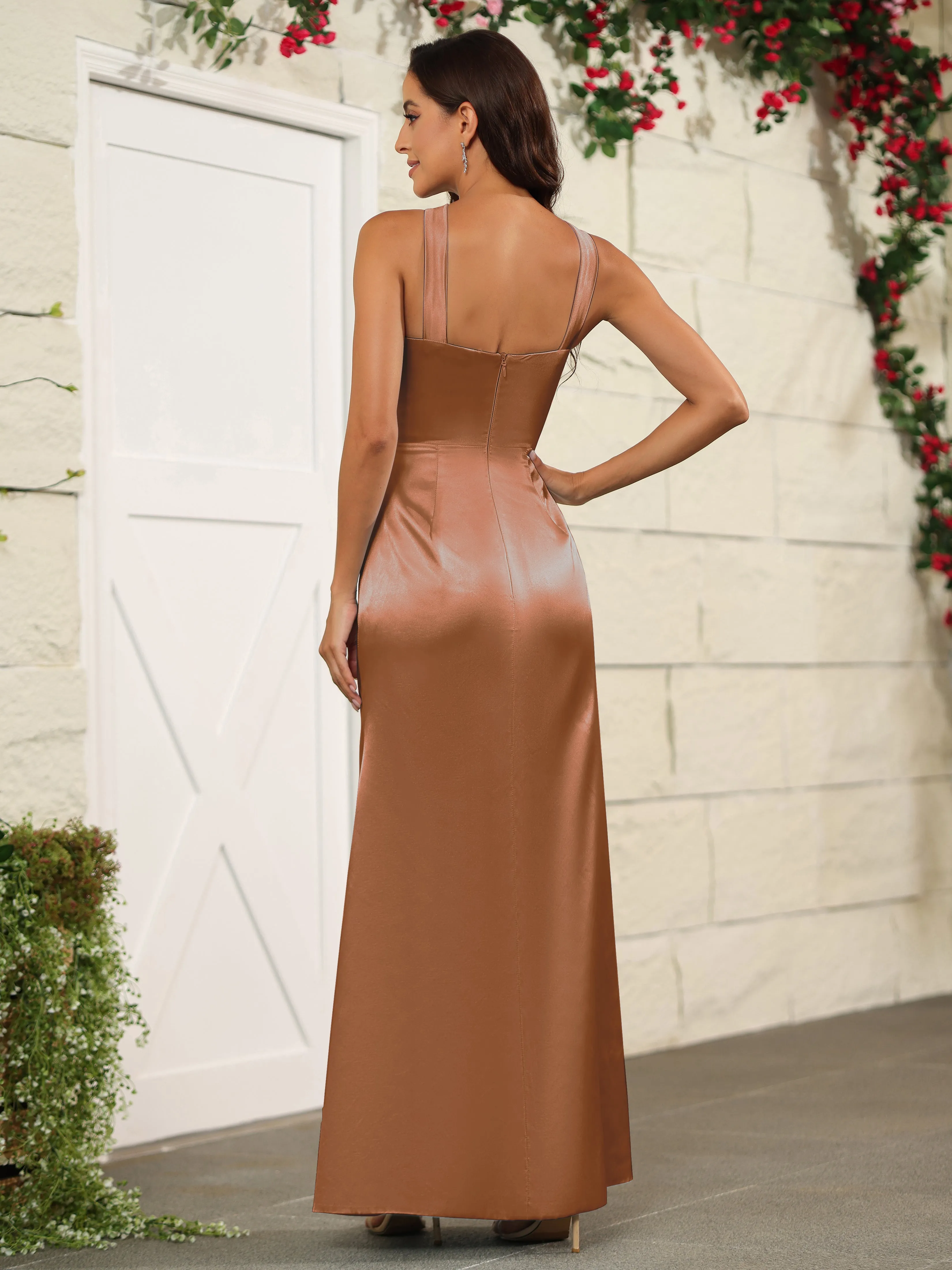 Elegant Halter Sleeveless Soft Satin Long Bridesmaid Dress