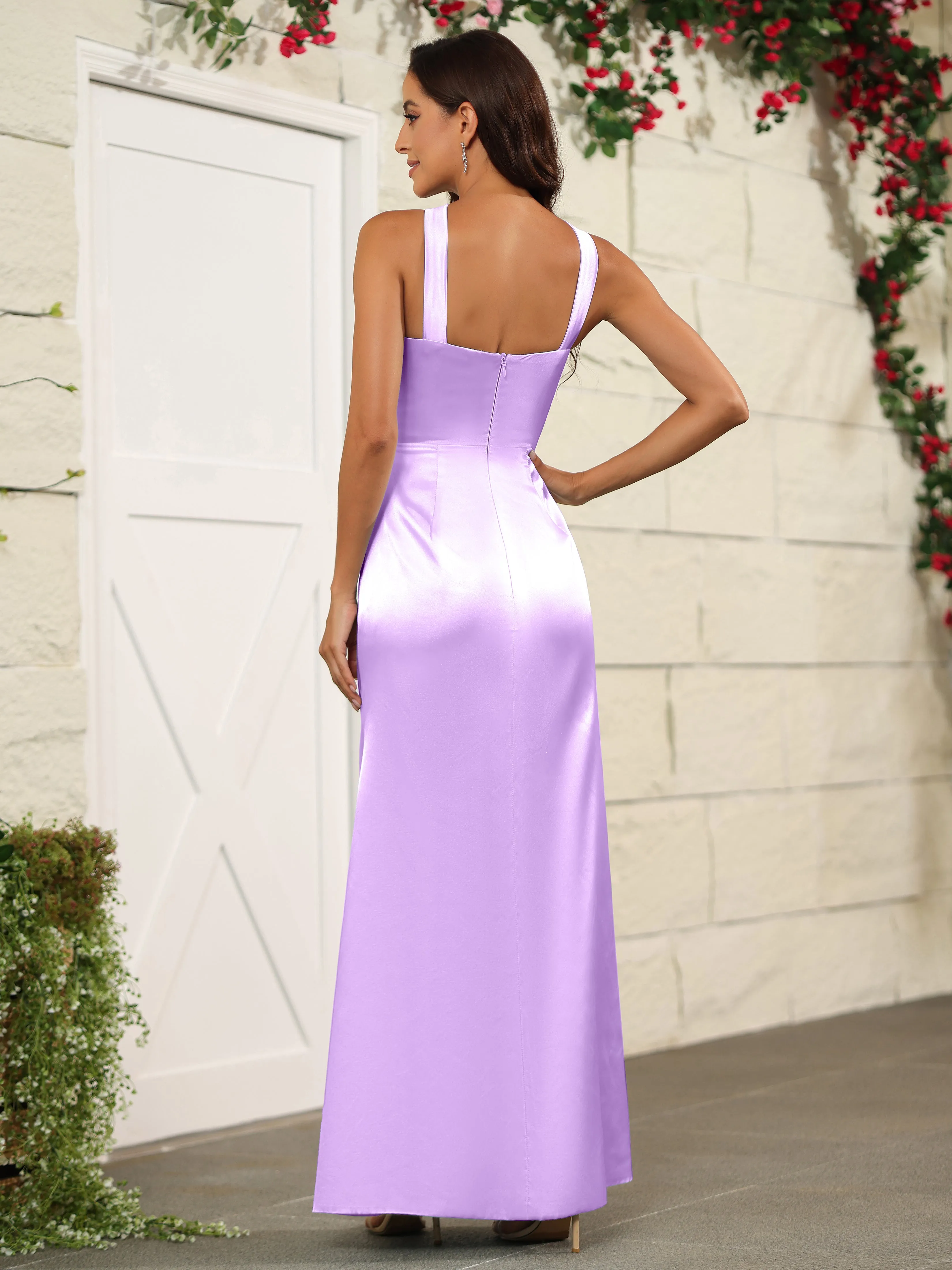 Elegant Halter Sleeveless Soft Satin Long Bridesmaid Dress
