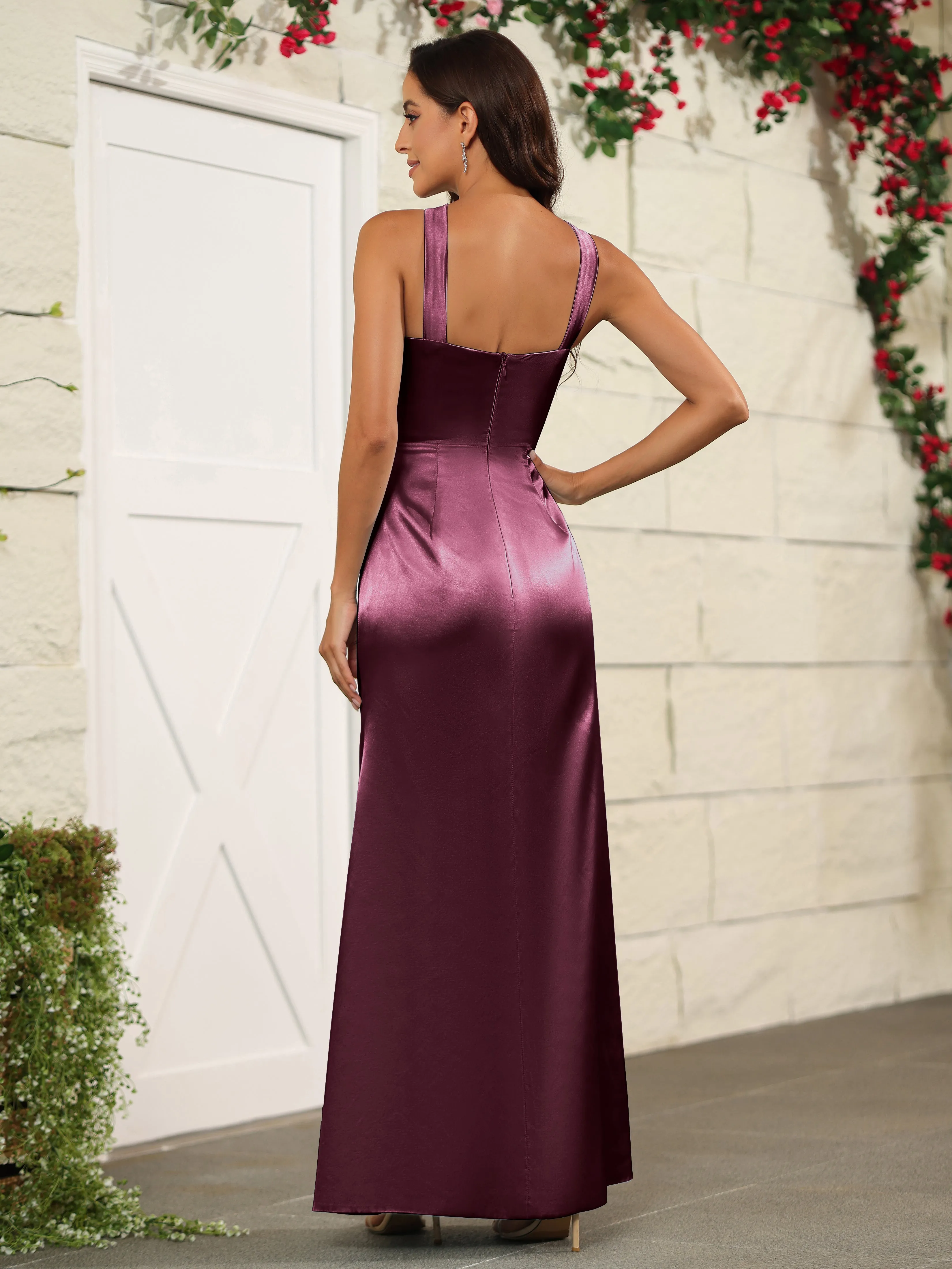 Elegant Halter Sleeveless Soft Satin Long Bridesmaid Dress
