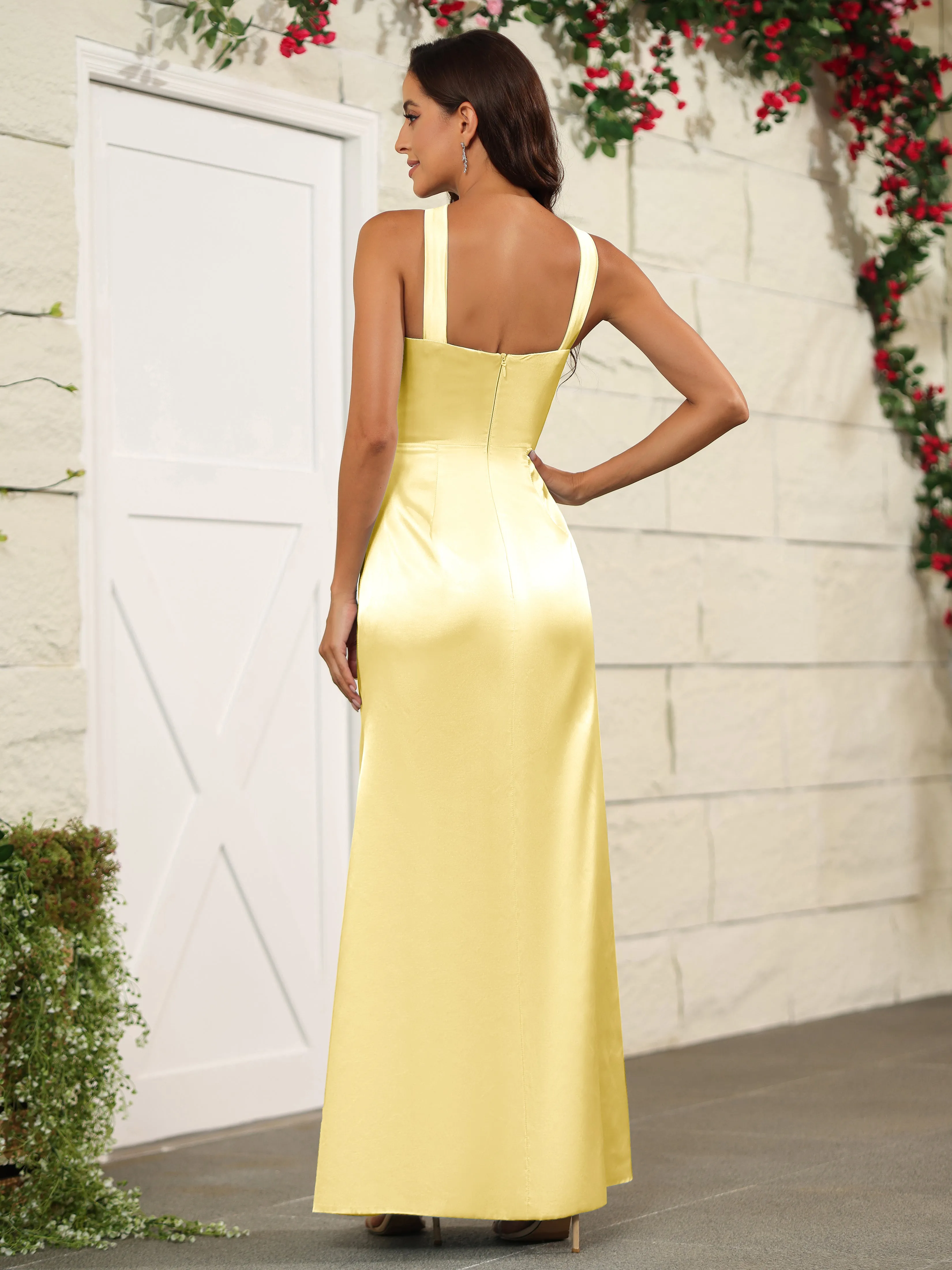 Elegant Halter Sleeveless Soft Satin Long Bridesmaid Dress