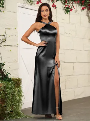 Elegant Halter Sleeveless Soft Satin Long Bridesmaid Dress