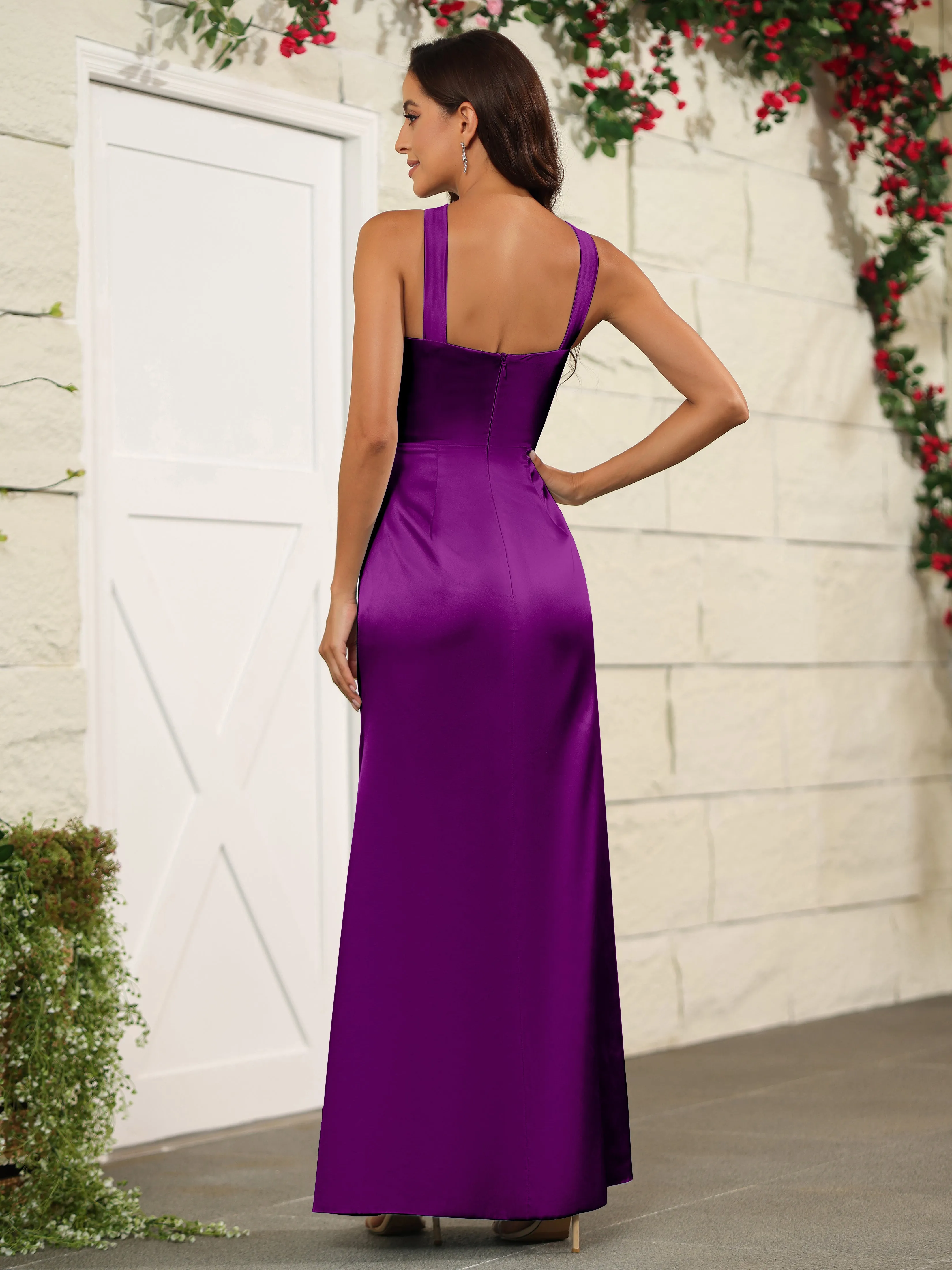 Elegant Halter Sleeveless Soft Satin Long Bridesmaid Dress