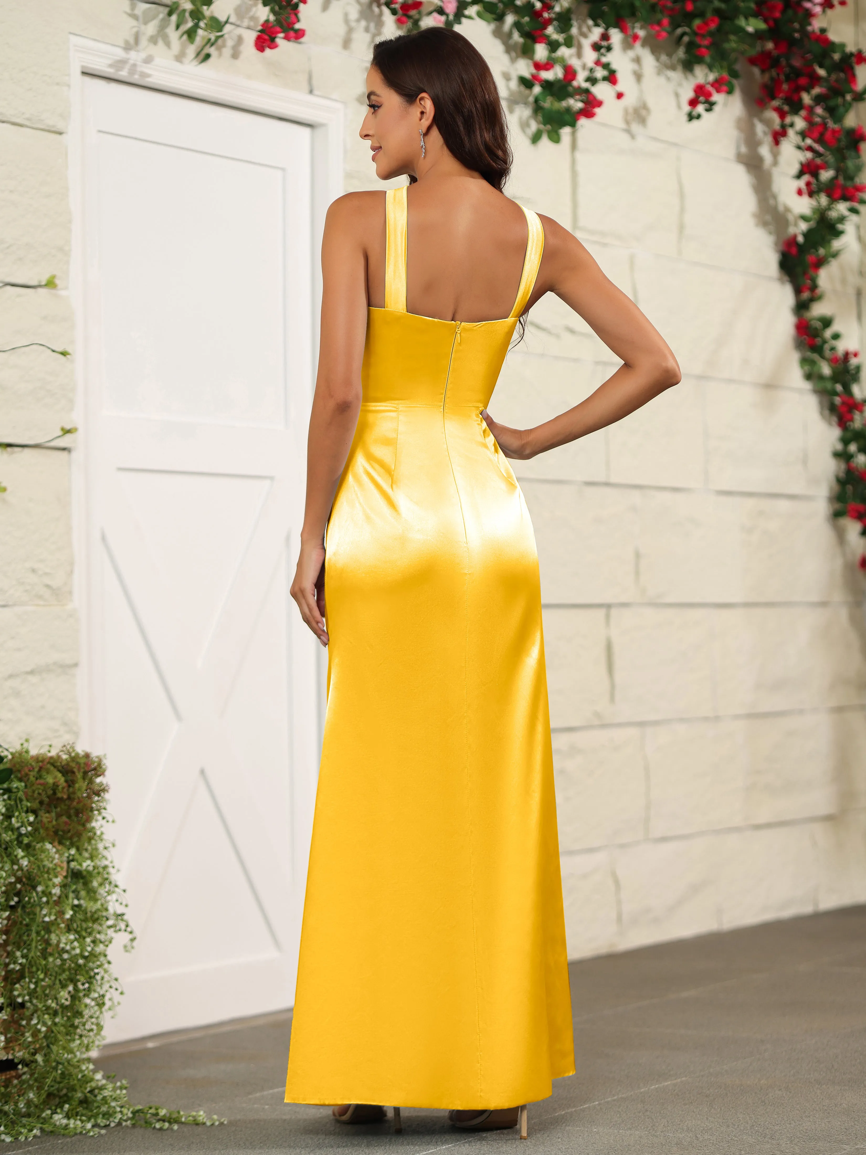 Elegant Halter Sleeveless Soft Satin Long Bridesmaid Dress