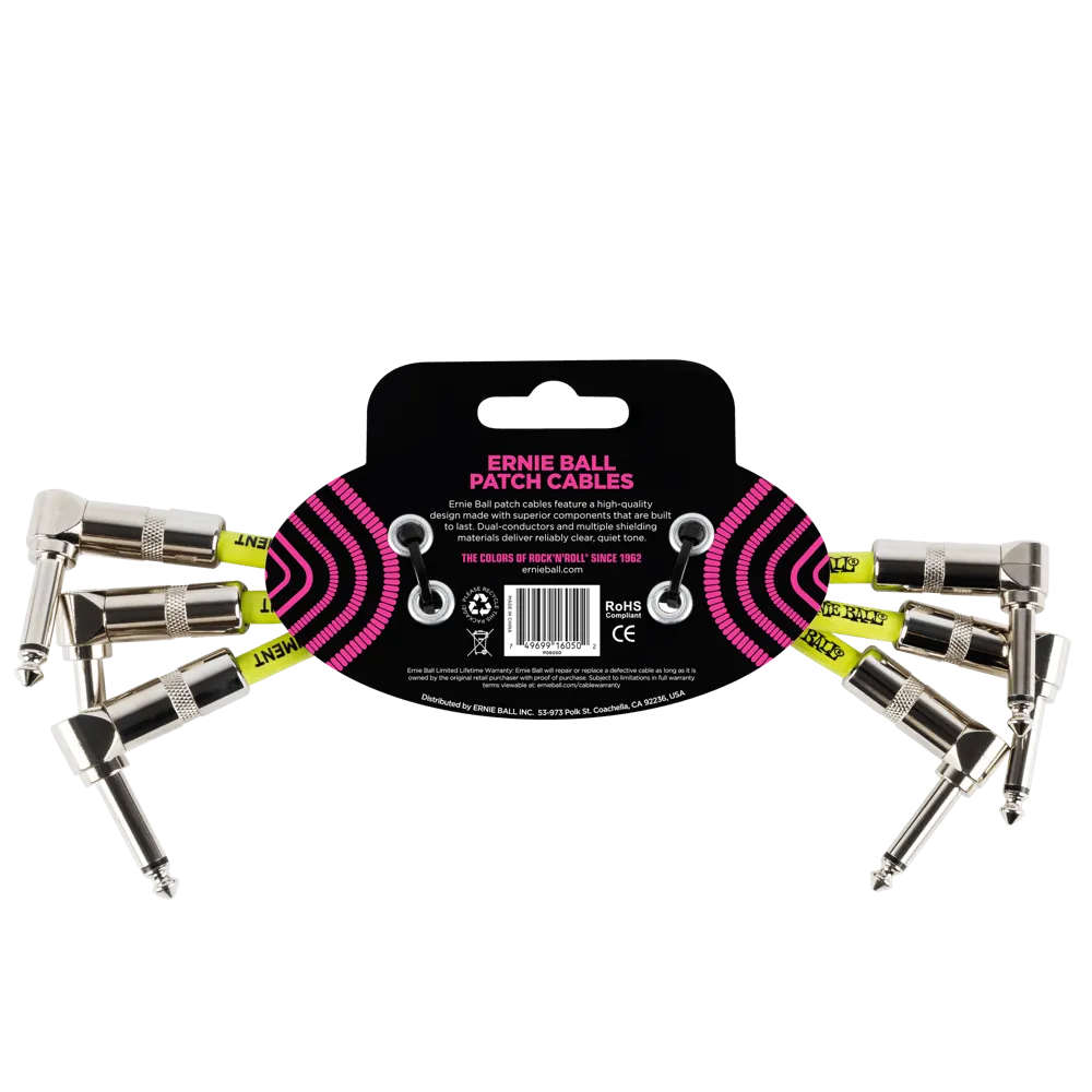 Ernie Ball Angle Patch Cable 3 Pack, Black, 15cm Length