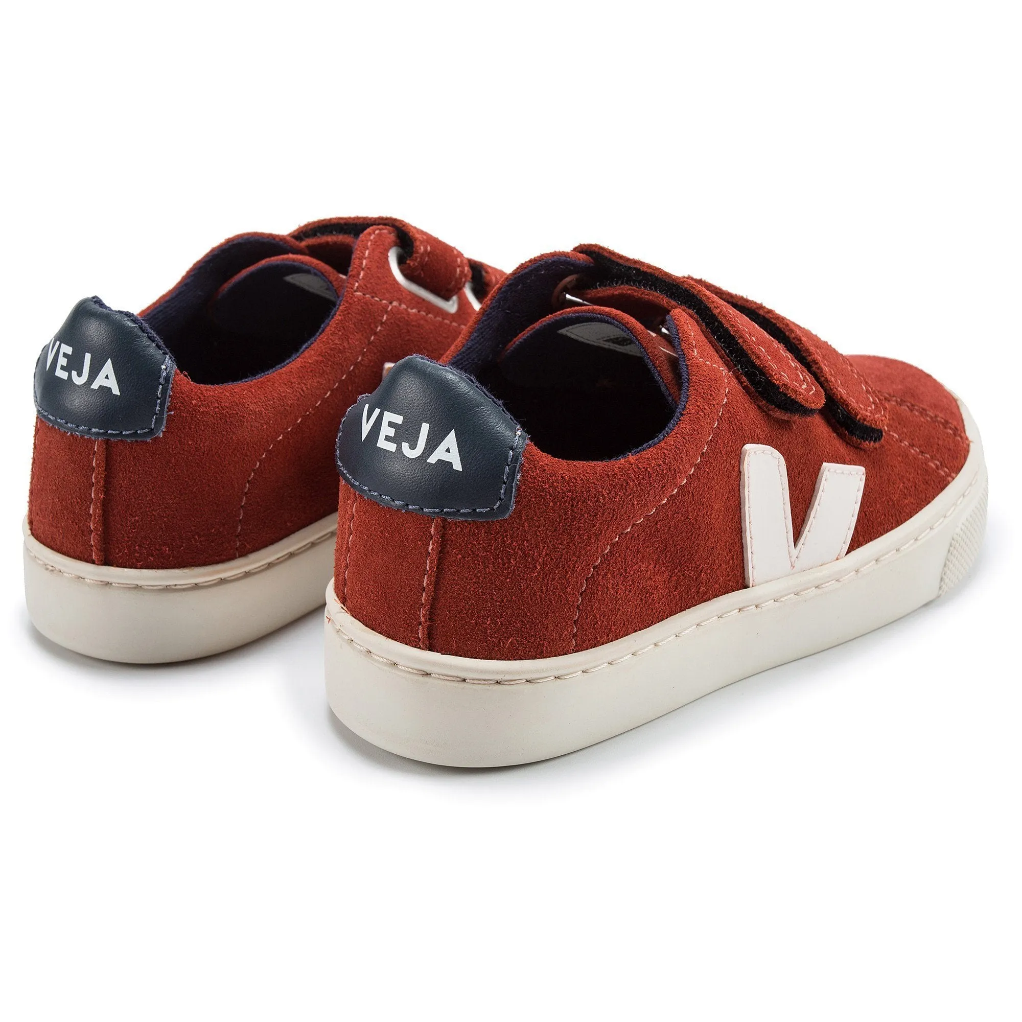 Girls & Boys Red Leather Velcro With White ''V'' Shoes