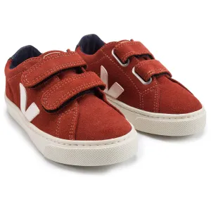 Girls & Boys Red Leather Velcro With White ''V'' Shoes