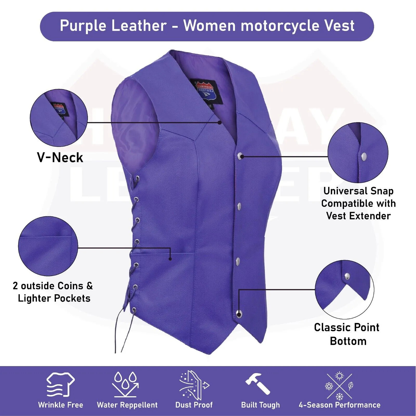 HL14501Purple Passionate Purple lace up side Leather Vest for Motorcycle clubs Vest  ROYAL PURPLE