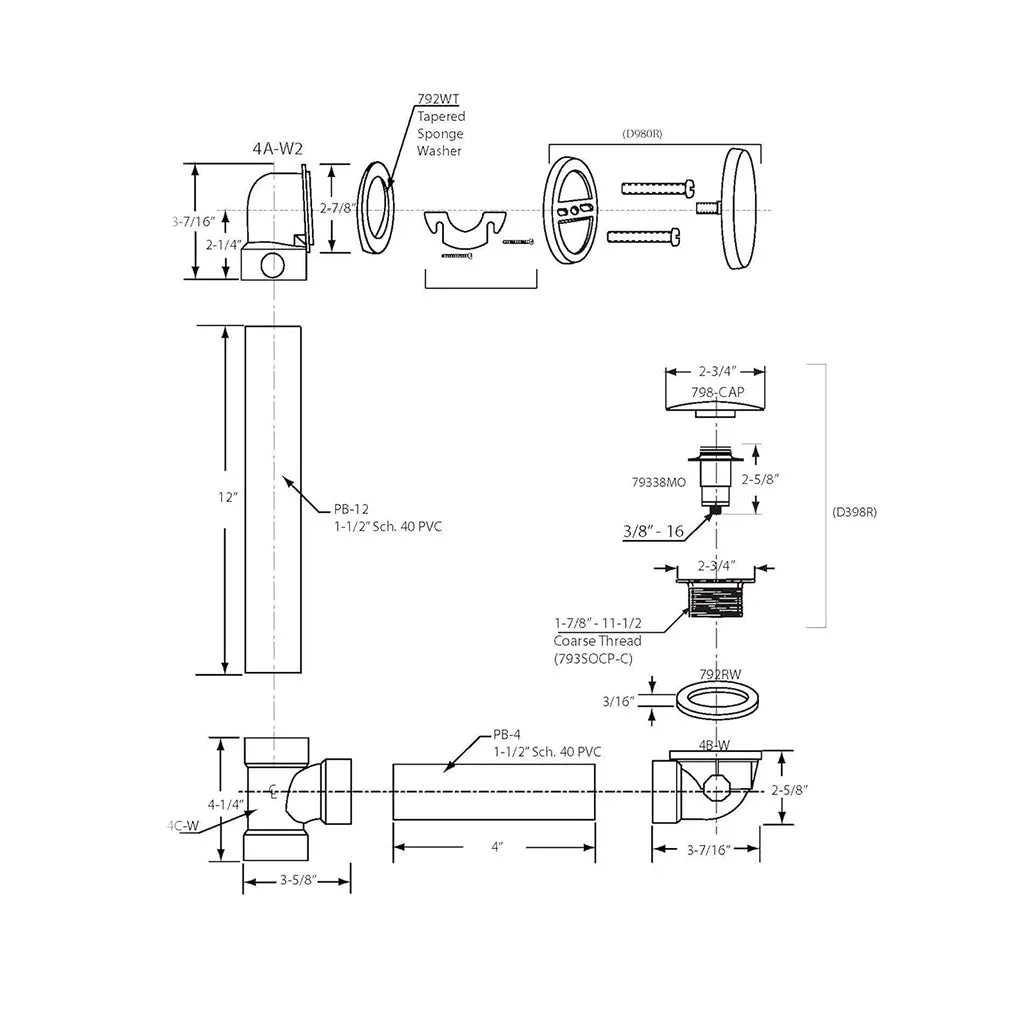 Illusionary Tip-Toe Overflow Tub Drain - Built-In - 11" Pvc/Polished Chrome
