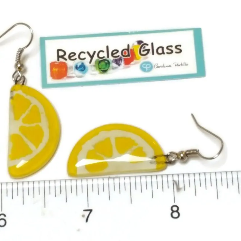 Lemon wedges Recycled Glass Drop Earrings. Purple Dangle earrings. Great gift. Fun eco friendly jewelry