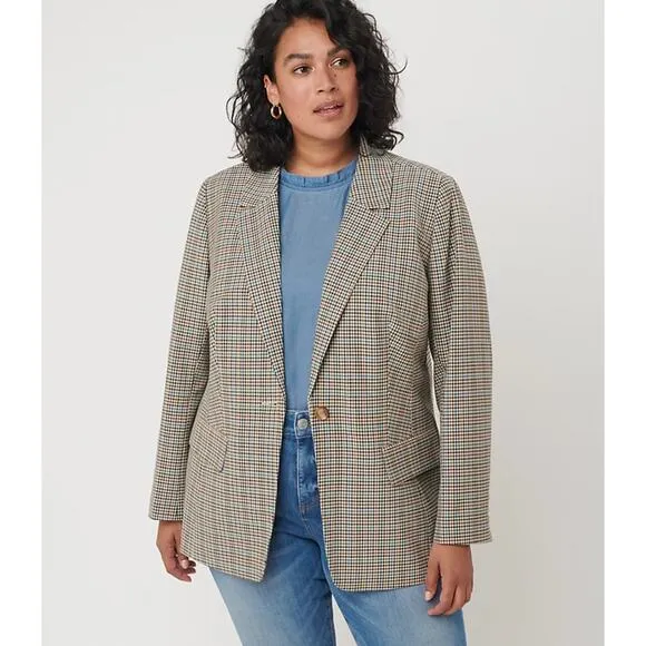 LOFT Plus Checked Long Modern Blazer Glen Plaid Neutrals {QQ12}