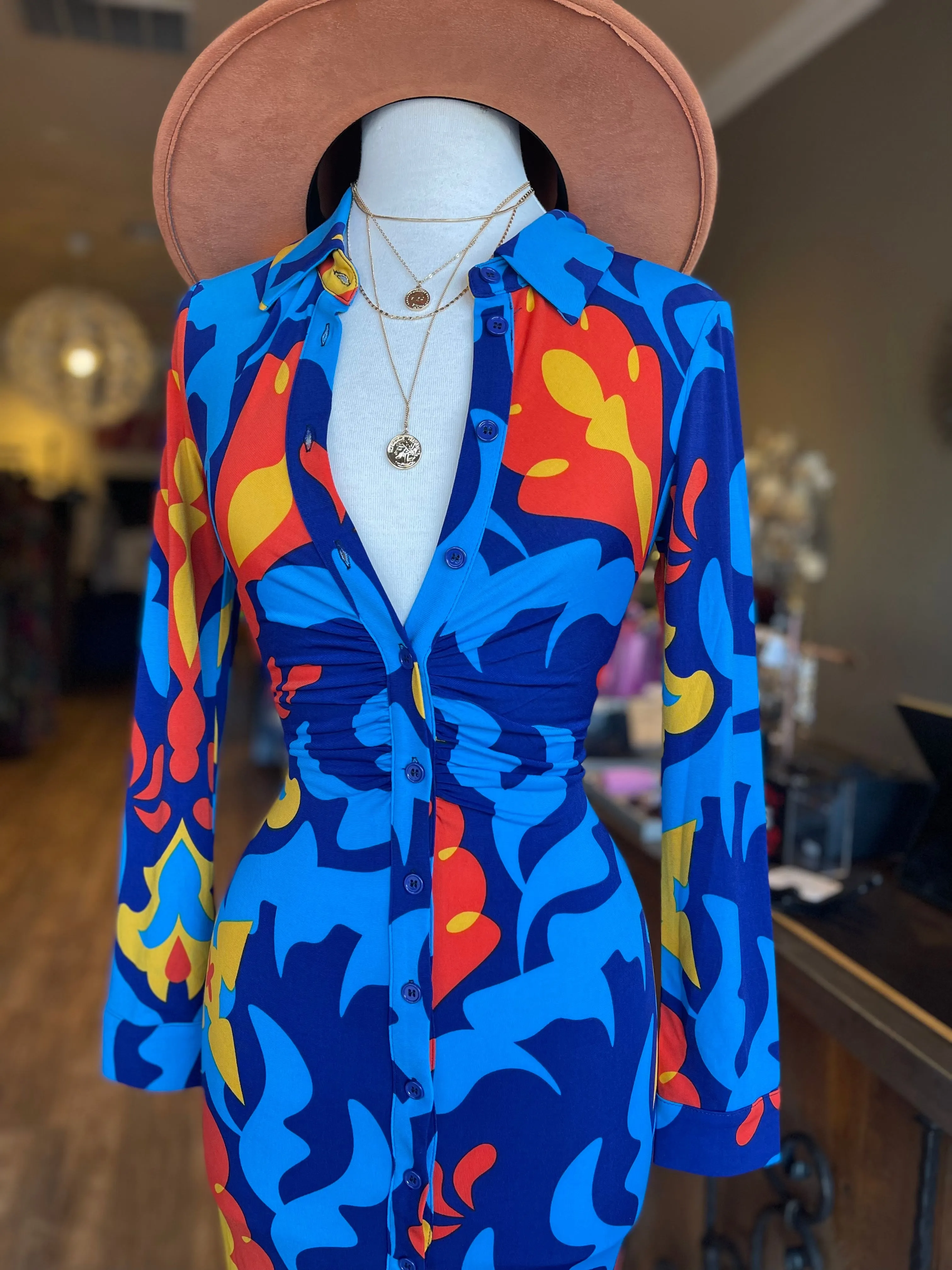 Long Sleeve Button Front Collar Dress