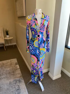 Long Sleeve Collar Front Slit Dress W Belt