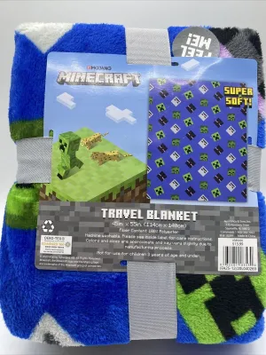Minecraft Plush Travel Blanket 45"x 55" Kids Throw Soft Comfy Blue