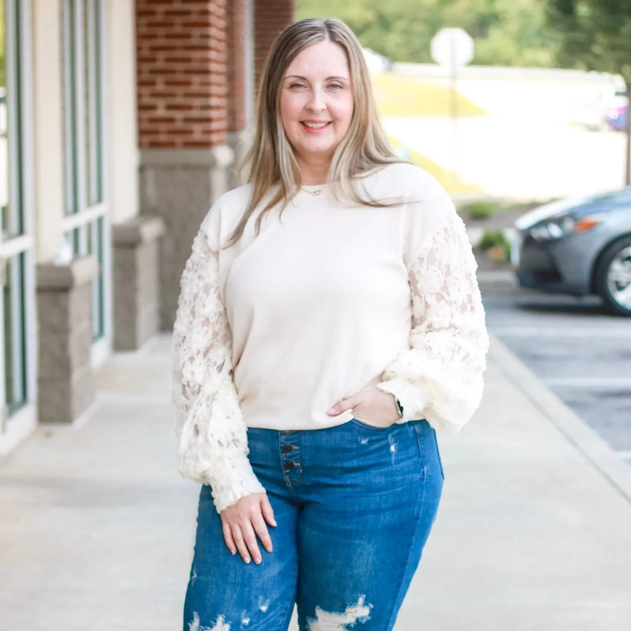 Miss Perfect Cream Floral Mesh Sleeve Top