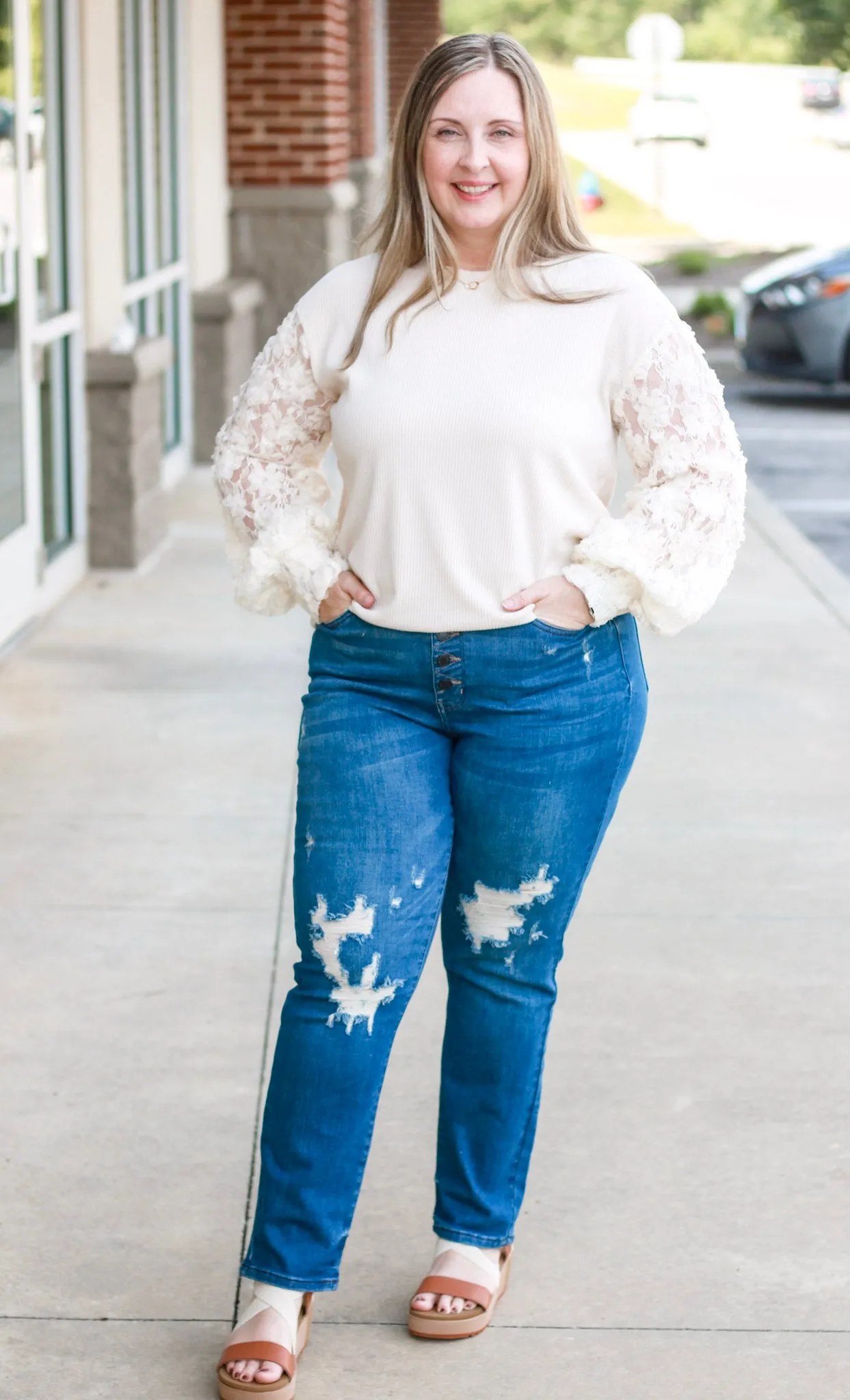 Miss Perfect Cream Floral Mesh Sleeve Top